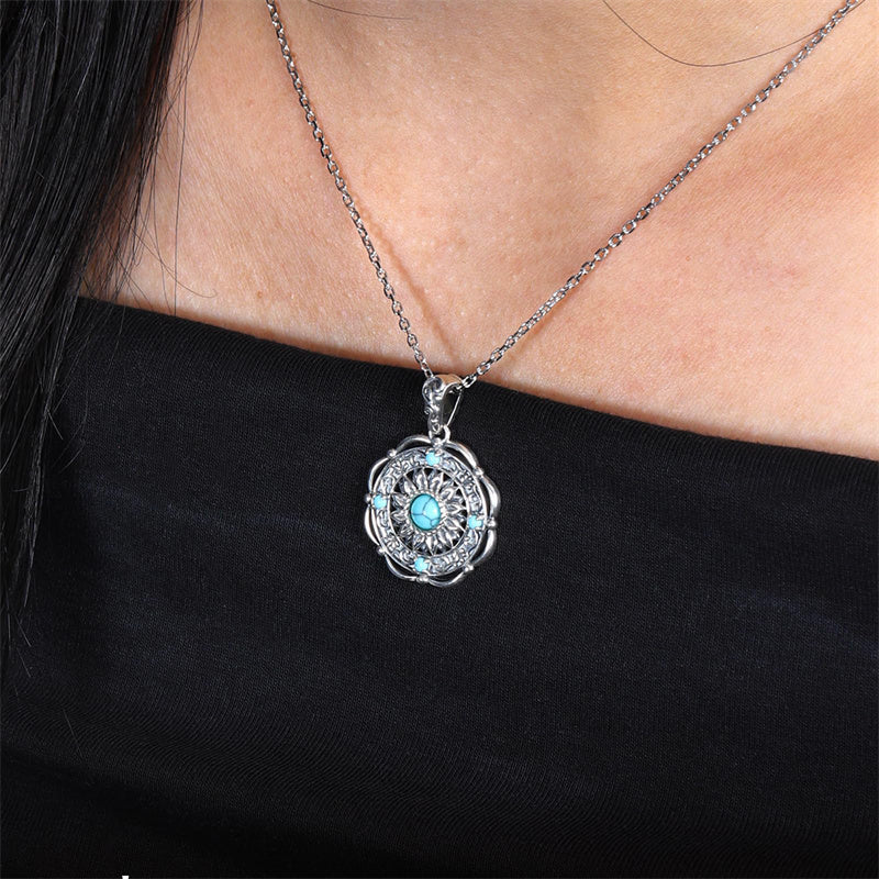 Sterling Silver Turquoise Cone Sunflower Tree of Life Pendant Necklace