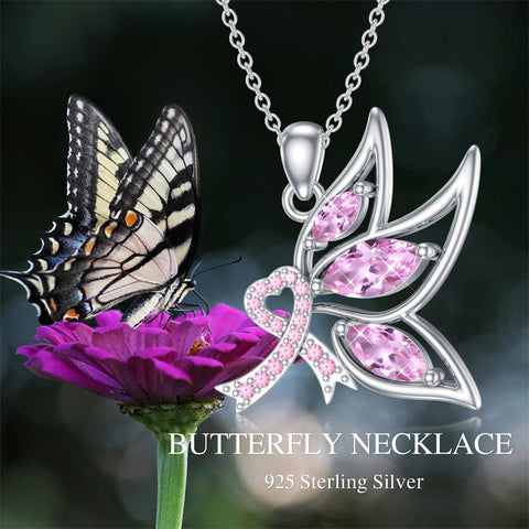 Sterling Silver Butterfly Glove Fight Sunflower Pink Ribbon Pink Breast Cancer Awareness Pendant Necklace