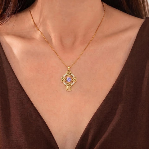 14K Gold Plated Birthstone Celtic Knotwork Cross Necklace for Women