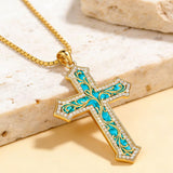 14K Gold Plated Turquoise  Abalone Shell Malachite Wood Filigree Cross Pendant Necklace