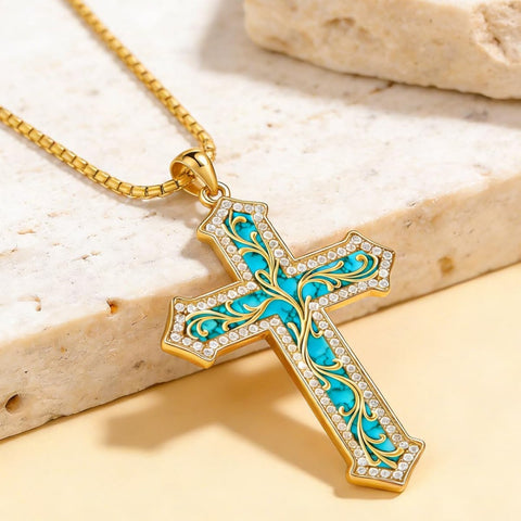 14K Gold Plated Turquoise  Abalone Shell Malachite Wood Filigree Cross Pendant Necklace