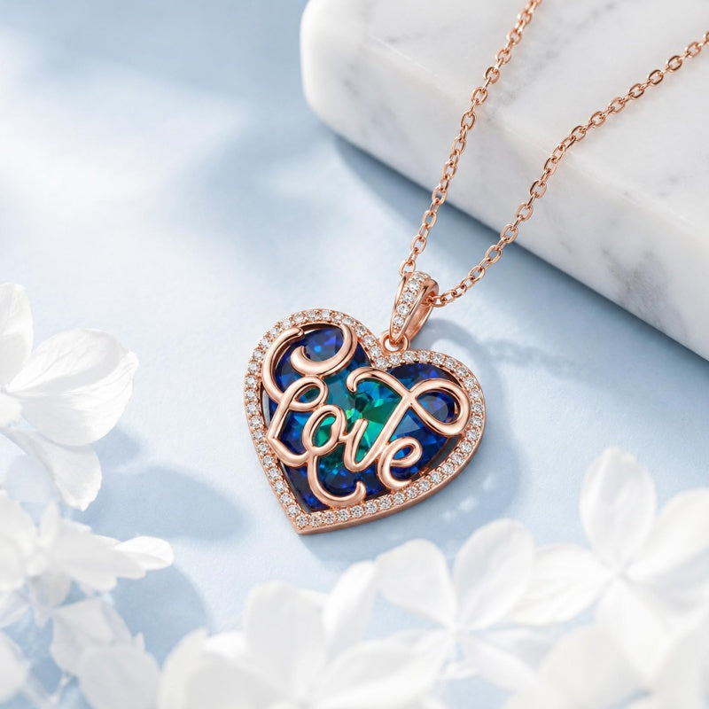 14K Gold Plated LOVE Heart Crystal Blue Pendant Necklace for Women