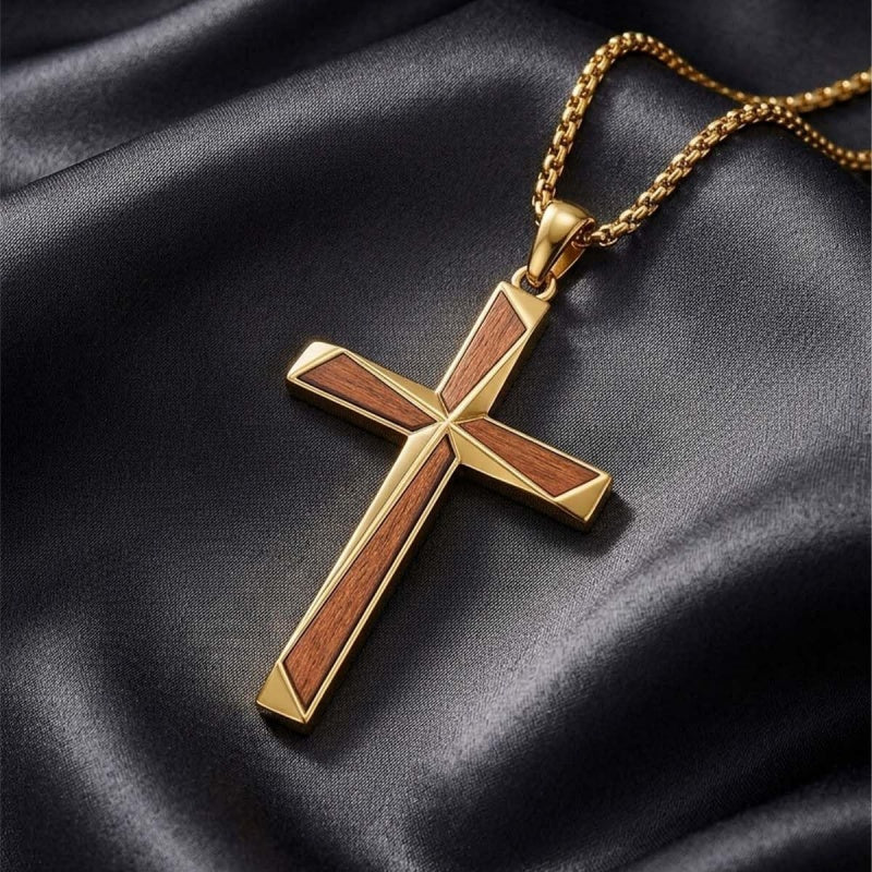 14K Gold Plated Wooden Cross Pendant Necklace Christian Catholic Jewelry Religious Gift