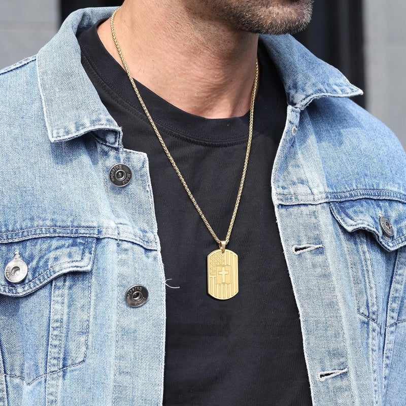 14K Gold Plated American Flag Dog Tag Cross Necklace for Men