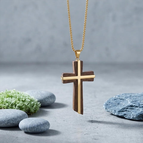 Wood 14K Gold Plated Cross Pendant Necklace