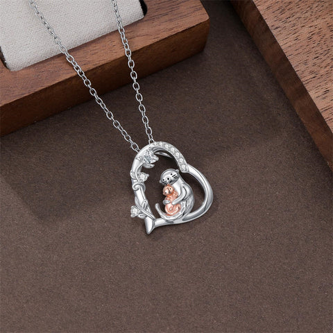 Sterling Silver Cubic Zircon Mother Daughter Mama Bear Giraffe Elephants Otters Penguins Heart Pendant Necklace
