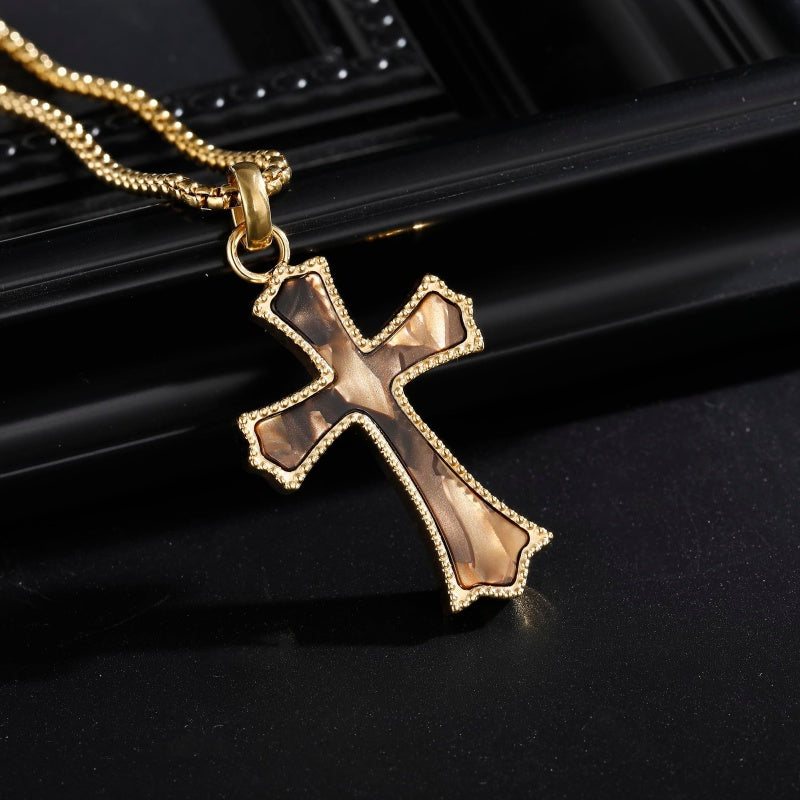 14K Gold Plated Wooden Abalone Shell Cross Pendant Necklacefor Men