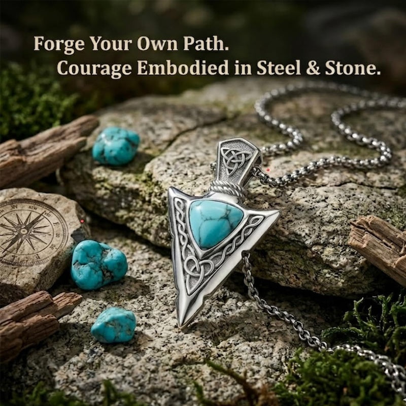 14K Gold Plated Moss Agate Turquoise Valknut Viking Arrow Head Pendant Necklace for Men
