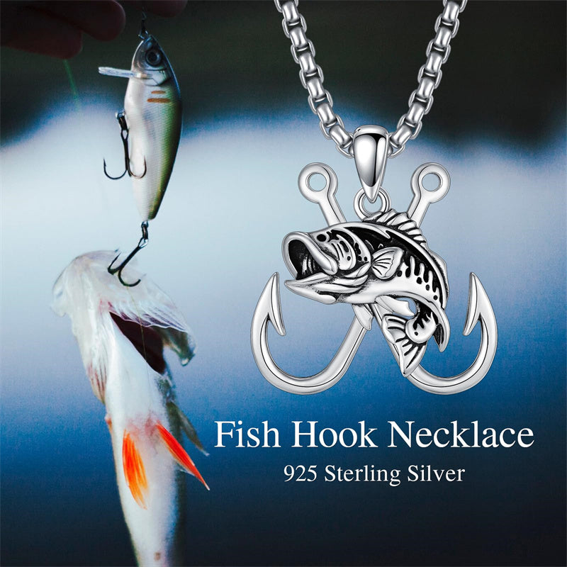 antler and fishing lure Sterling Silver Antler Fish Hook Pendant Necklace for Men– romanticwork