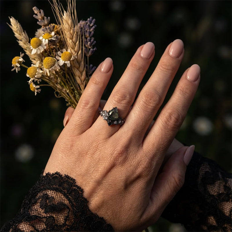 Sterling Silver 10K 14K  18K Gold Personalized Engraved Moss Agate Gothic Promise Wedding Engagement Black Ring Set