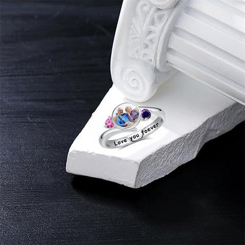 Sterling Silver Custom Birthstone Photo Engraved Photo Ring