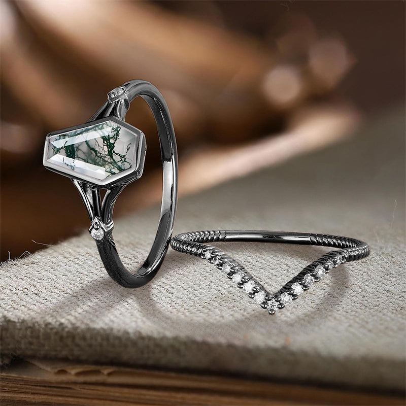 Sterling Silver 10K 14K 18K Gold 2CT Moss Agate Vine Leaf Women's Bridal Ring Sets for Wedding Engagement