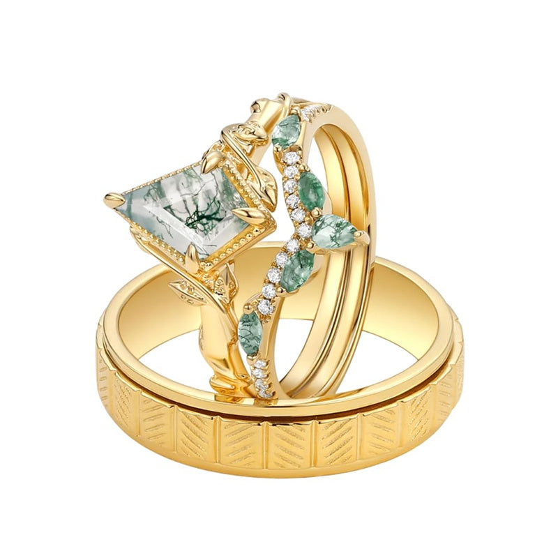 Sterling Silver10K 14K 18K Gold Natural Moss Agate Branch Leafy Engagement Ring Set For Couples