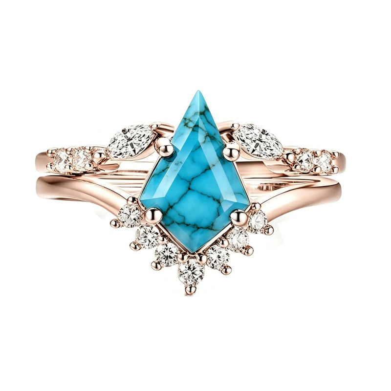 Sterling Silver Personalized Engraved 1-3CT Turquoise Engagement  Wedding Promise Ring Set for Her