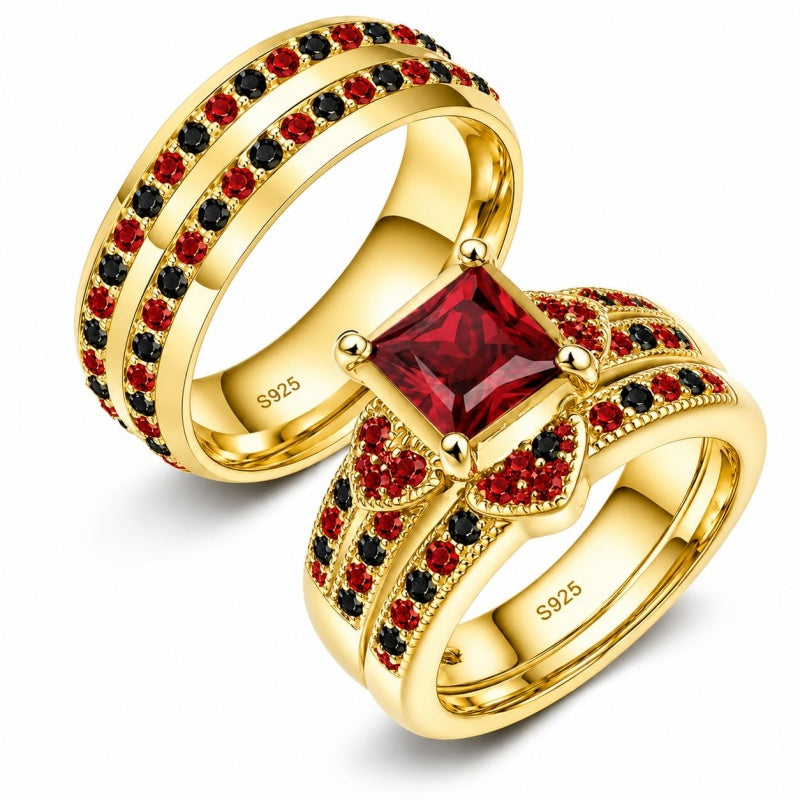 Sterling Silver 10K 14K 18K Gold Personalized Engraved  Halloween Dark Red Gemstone Couple Ring Set