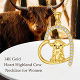 14K Gold Highland Cow Necklace for Women, Solid Gold Heart Pendant Necklace Fine Jewelry Anniversary Birthday Gifts for Her, 16''-18''