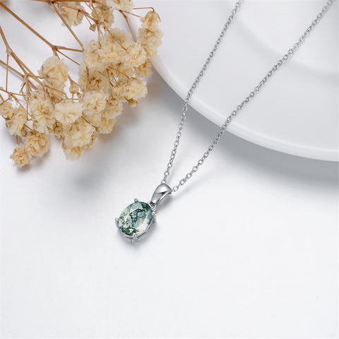 Sterling Silver Oval Pear Cut Green Moss Agate Pendant Necklace