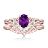 Sterling Silver 10K 14K 18K Gold  Oval Cut Unique Vine Gemstone Wedding Ring Set