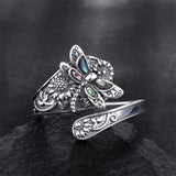 Sterling Silver Abalone Shell Dragonfly Spoon Ring and Dragonfly Sunflower Dangle Earrings