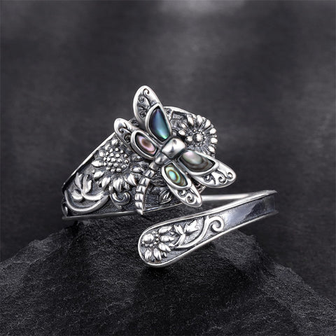 Sterling Silver Abalone Shell Dragonfly Spoon Ring and Dragonfly Sunflower Dangle Earrings