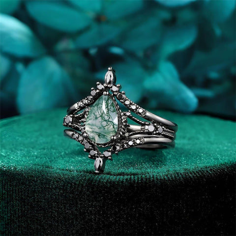 Sterling Silver 10K 14K 18K Gold 2CT Moss Agate Vine Leaf Women's Bridal Ring Sets for Wedding Engagement