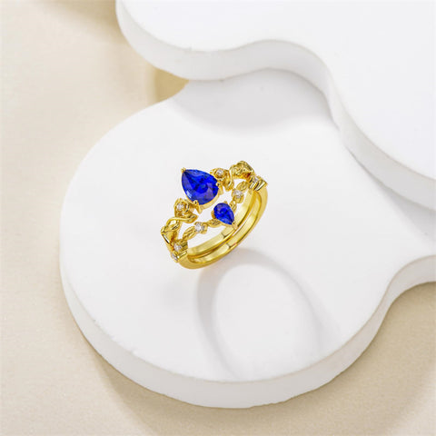 Sterling Silver 10K 14K 18K Gold Pear Cut Gemstone Leaf  Engagement Ring Set