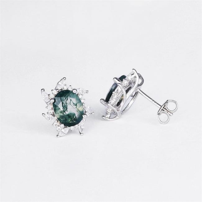 Earrings for women, Natural Moss Agate 925 Sterling Silver Stud Earrings For Women Green Gems Engagement Wedding Jewelry Gift