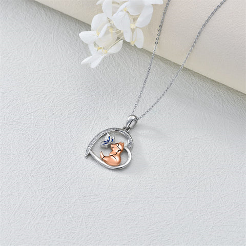 Sterling Silver Fox & Butterfly Pendant Necklace