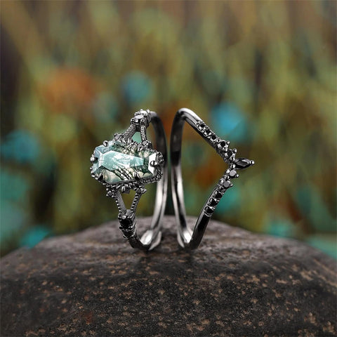 Sterling Silver 10K 14K 18K Gold 2CT Moss Agate Vine Leaf Women's Bridal Ring Sets for Wedding Engagement