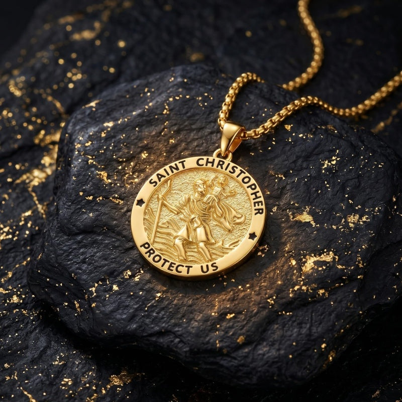 14K Gold Plated Saint Medal Christian  Pendant Necklace for Men