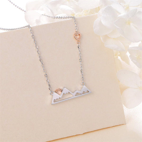 925 Sterling Silver Rose Gold Plated Heart Sunrise from Snow Caps Mountain Range Necklace Gift for Women Teen Girls Hikers Outdoor Lovers