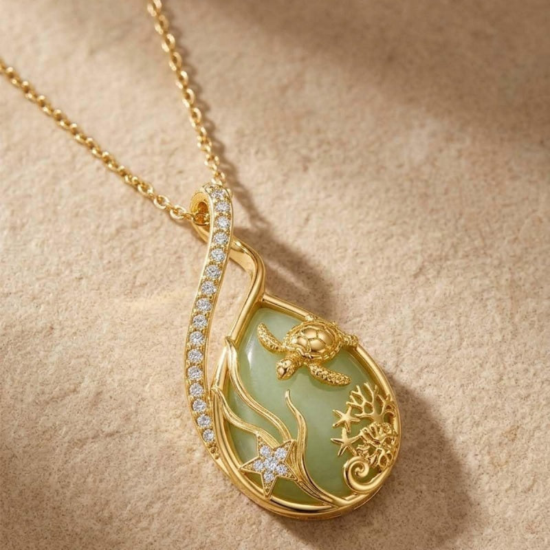 14K Gold Plated Jade Hummingbird Butterfly Dragonfly Turtle Animal Pendant Necklace
