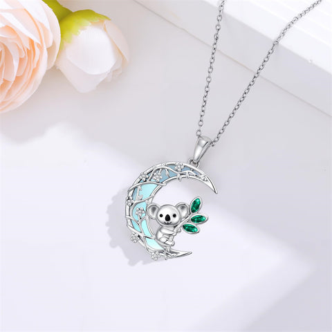 Sterling Silver Moonstone Wolf Cat Koala  Lion Moon Pendant Necklace