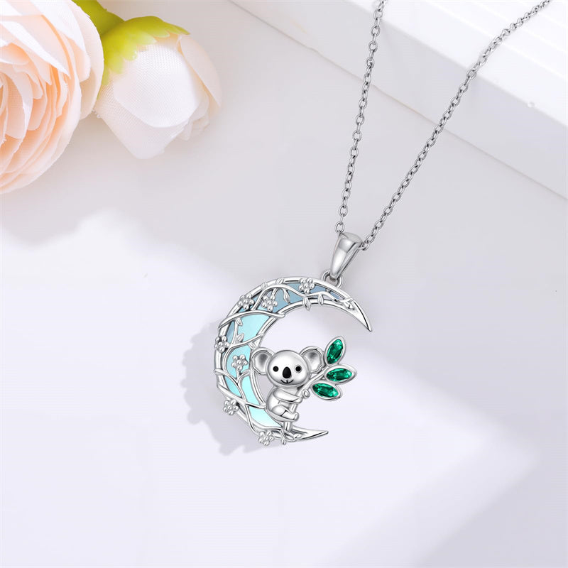 Sterling Silver Moonstone Wolf Cat Koala  Lion Moon Pendant Necklace