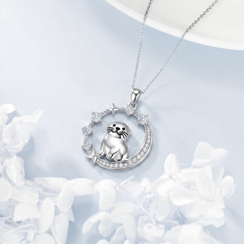 Sterling Silver Cubic Zirconia Raccoon Cat Dog Corgi Otter Highland Cow Pendant Necklace Gift for Birthday Christmas