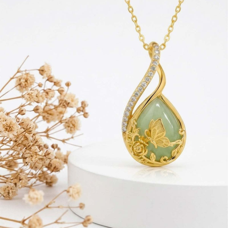 14K Gold Plated Jade Hummingbird Butterfly Dragonfly Turtle Animal Pendant Necklace