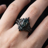 Sterling Silver 10K 14K  18K Gold Personalized Engraved Moss Agate Gothic Promise Wedding Engagement Black Ring Set