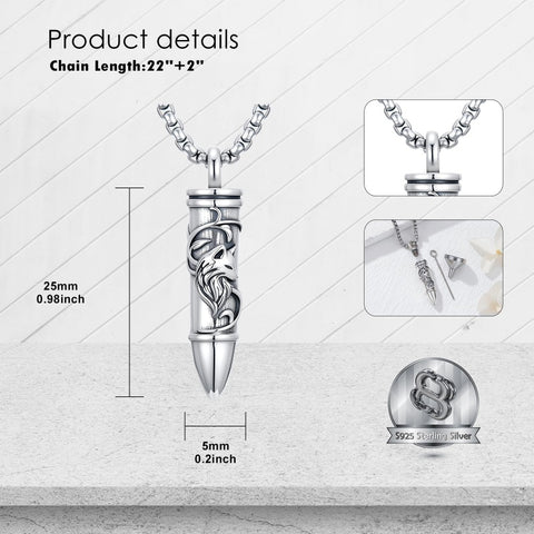 Sterling Silver Animal Angel Wings Pet Jesus Bullet Urn Necklaces for Ashes for Men