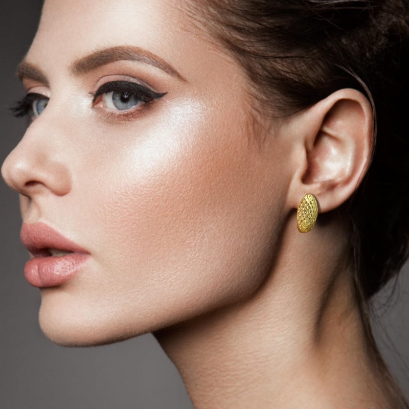 14K Gold Plated  Oval Shape with Mesh Pad Textured on the Surface Unique Hoops Earring for Women