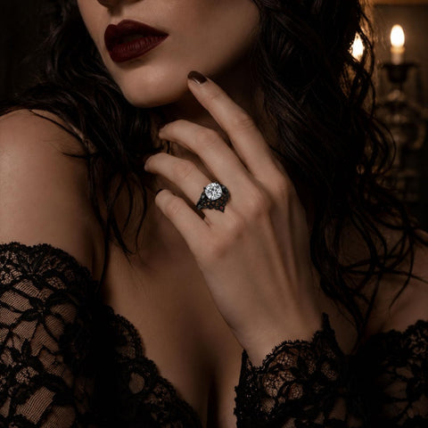 Sterling Silver 10K 14K 18K Gold Moissanite Gothic Black  Engagement Wedding Ring  for Women Halloween Gift