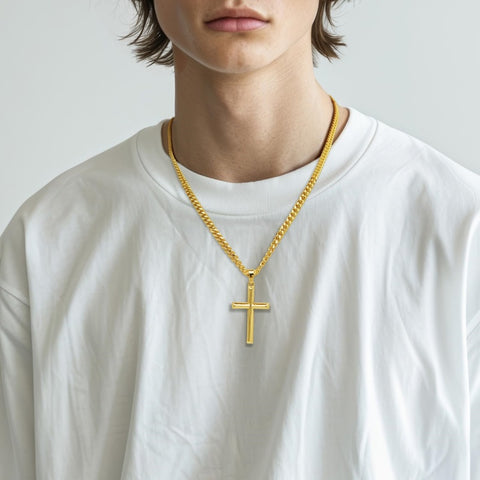 14K Gold Plated Cross Necklace with Cuban Chain for Men