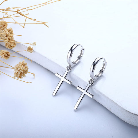925 Sterling Silver Cross Hoop Earrings Minimalist Cross Dangle Huggie Cuff Earrings for Women Men
