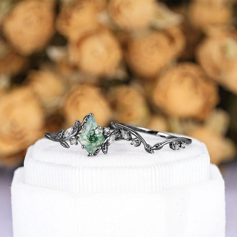 Sterling Silver 2CT Moss Agate  Engagement Wedding Ring Sets for Women