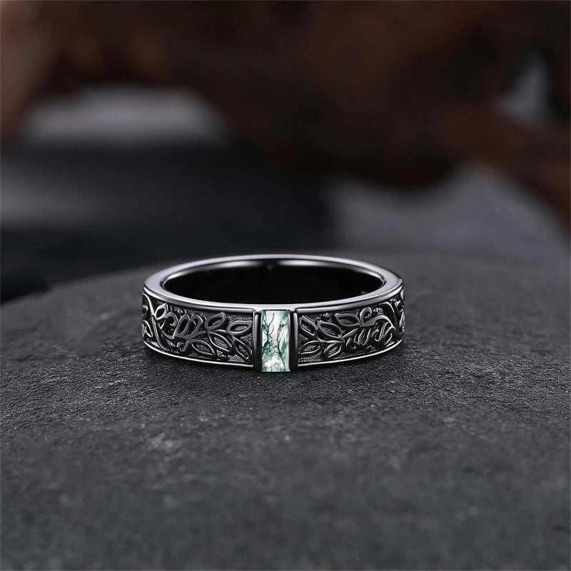 Sterling Silver 10K 14K 18K Gold Natural Leaf  Moss Agate Engagement Anniversary Couple Ring Sets