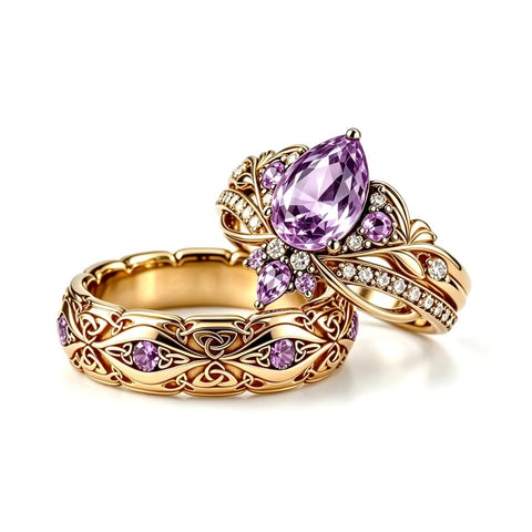 Sterling Silver 10K 14K 18K Gold Purple Gemstone Amethyst  Rings Set Couple Promise Rings Wedding Anniversary Rings