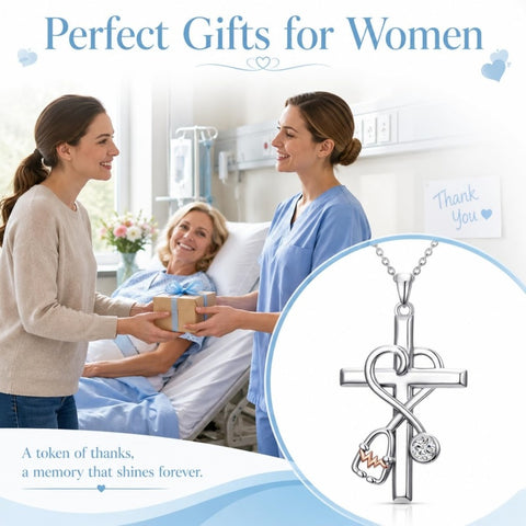 14K Gold Plated  Birthstone Stethoscope Cross Necklace Graduation Gifts for Women RN