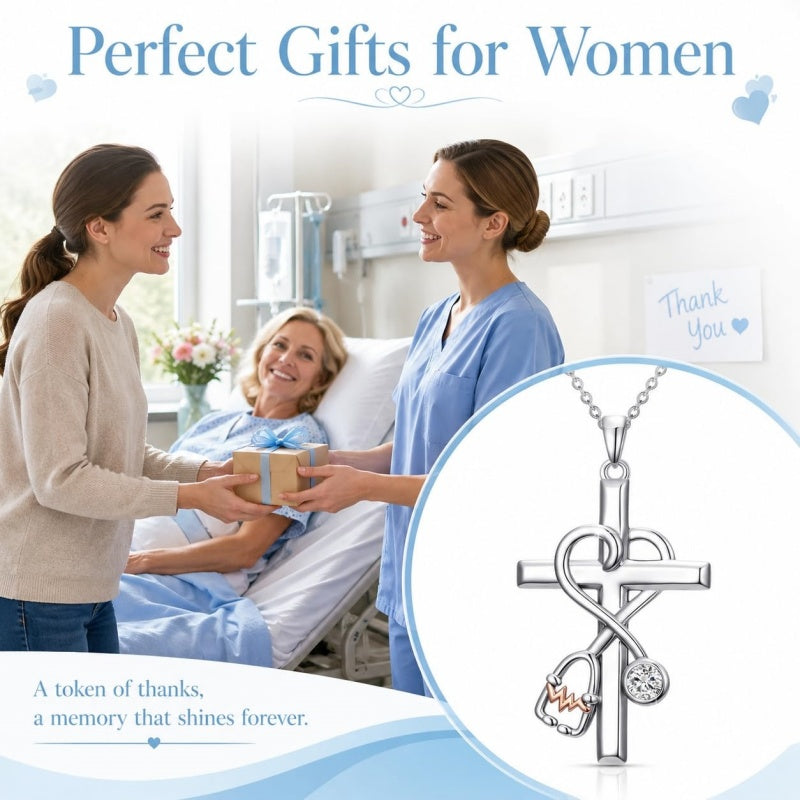 14K Gold Plated  Birthstone Stethoscope Cross Necklace Graduation Gifts for Women RN