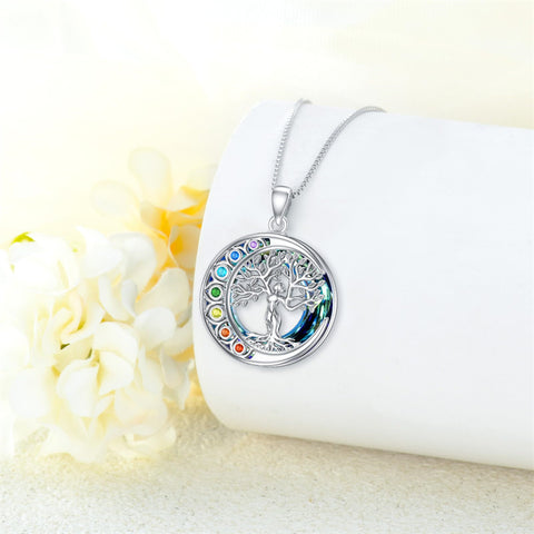 Sterling Silver Crystal Triple Moon Goddess Hamsa Hand Lotus Tree of Life Flower of Life Chakra Pendant Necklace