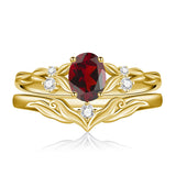Sterling Silver 10K 14K 18K Gold  Oval Cut Unique Vine Gemstone Wedding Ring Set