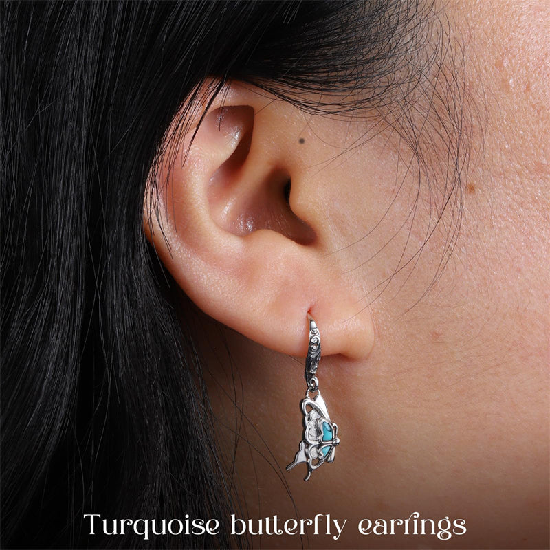 Sterling Silver Vintage Moonstone Turquoise Lotus Tree of Life Hummingbird Butterfly Drop Earrings